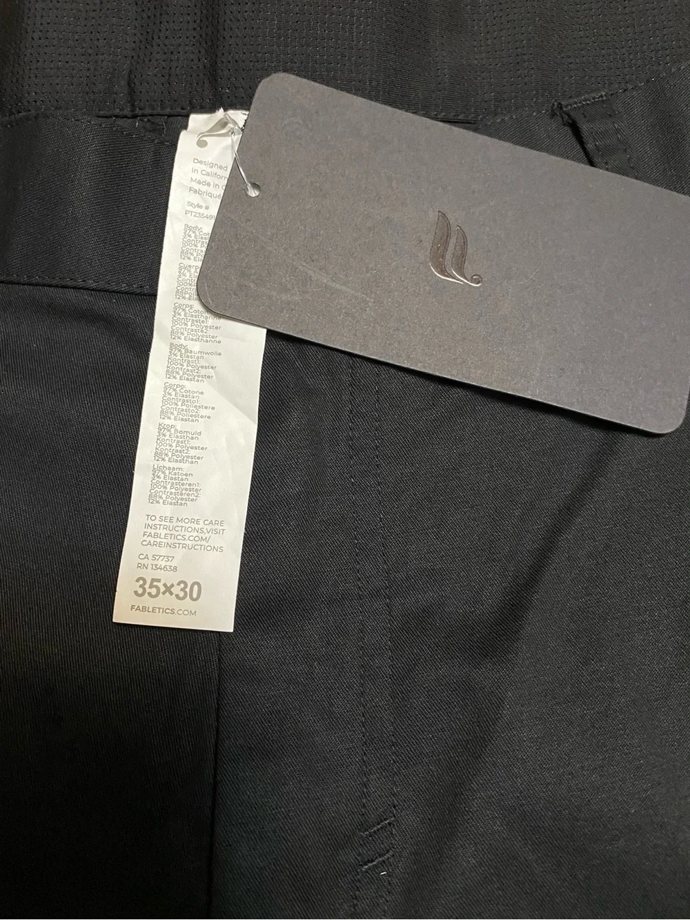 Fabletics Men’s Black High Side Chino Pants 4 Way Stretch Size 35X30 NWT